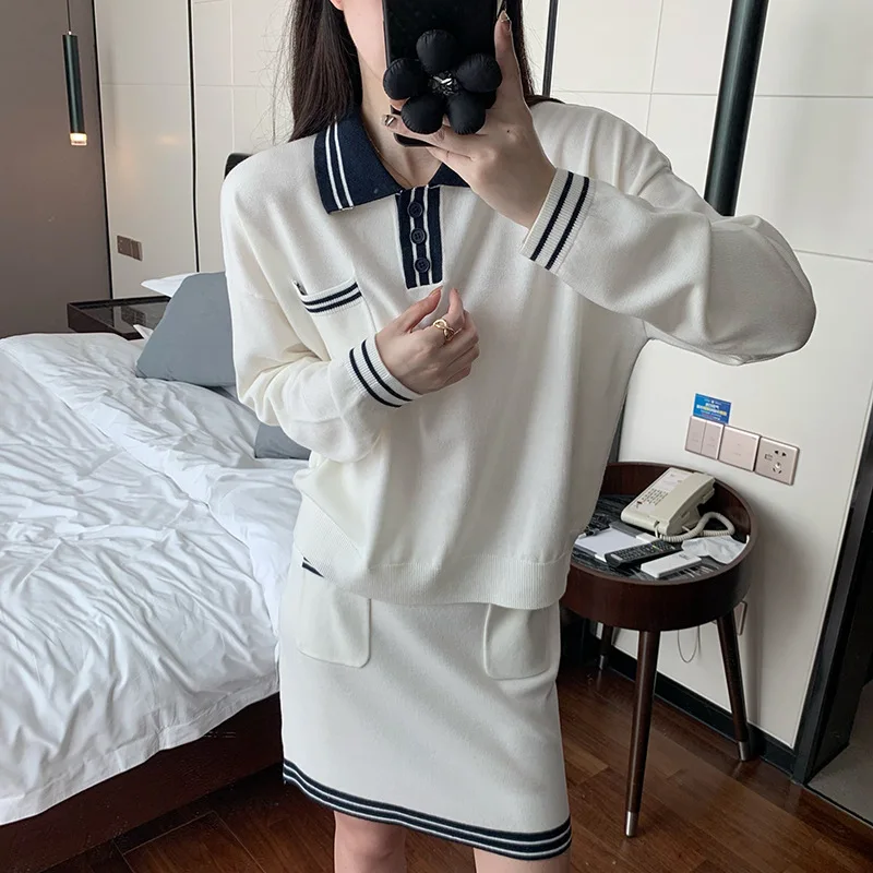 

High Quality Korean Style Xiaoxiangfeng Knitting Set Women's Sweet Age Reducing Top Half Skirt Fashion Two Piece Set