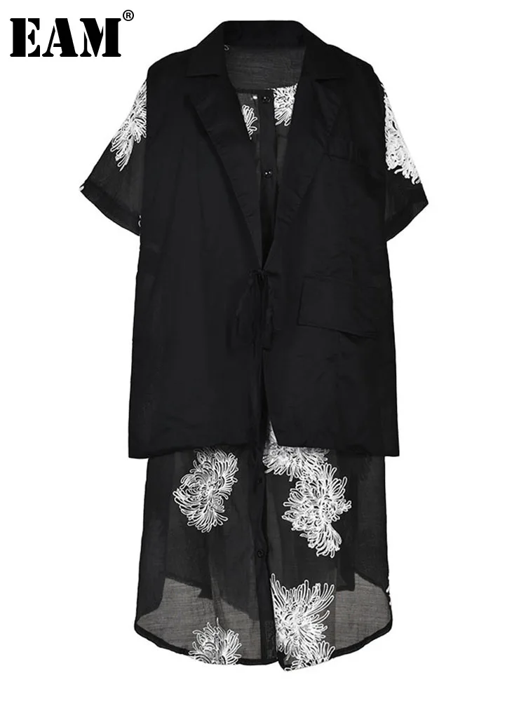 

[EAM] Women Black Print Big Size Irregular Dress New Lapel Short Sleeve Loose Fit Fashion Tide Spring Summer 2023 1DF9020