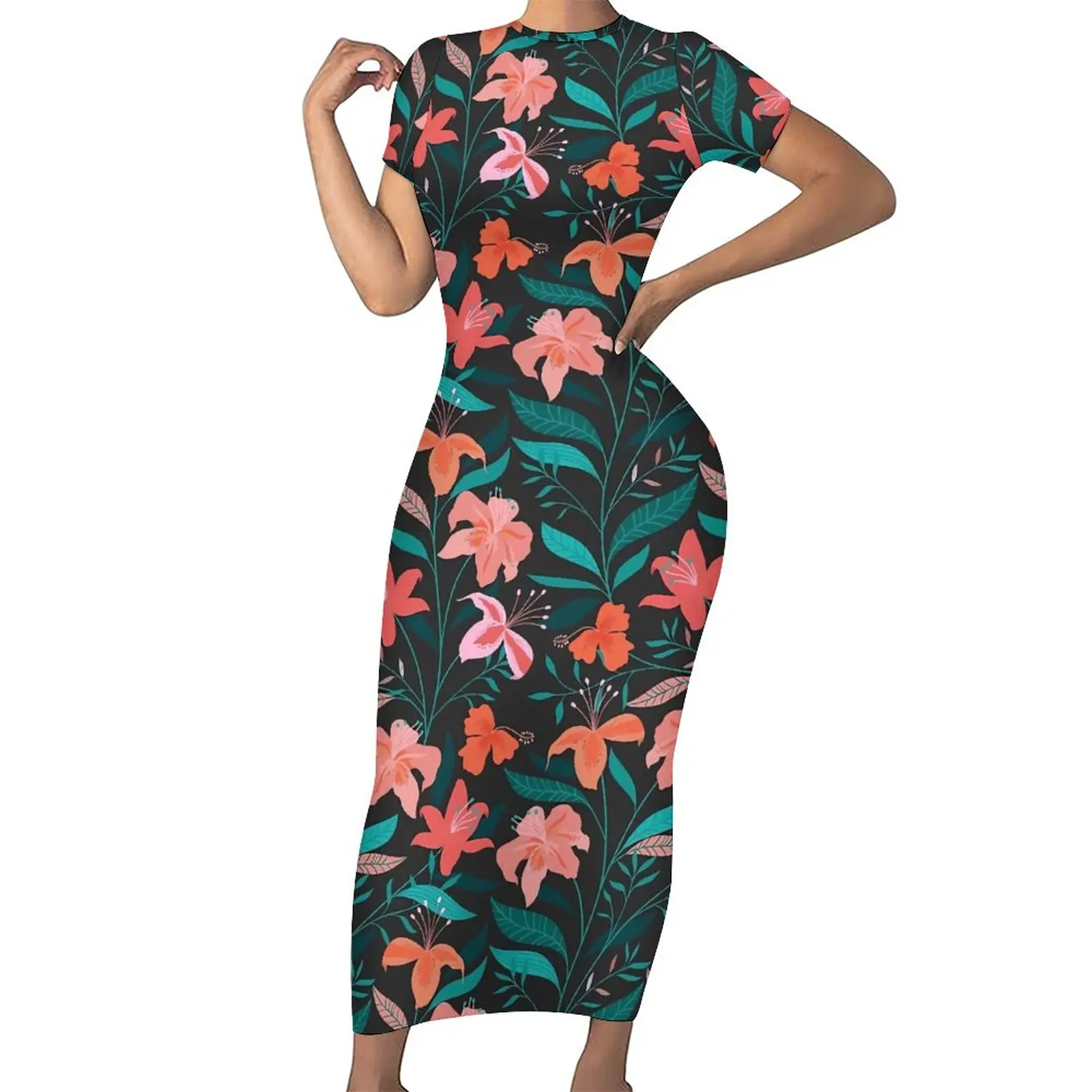 

Tropical Floral Print Bodycon Dress Summer Flame Flowers Sexy Maxi Dresses Female Short Sleeve Design Street Wear Dress Big Size