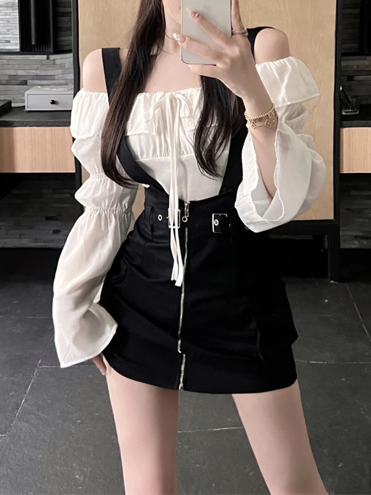

Black Suspender Skirt Set Spring Women Fashion Full Sleeve Design Crop Top Korean Fashion Female Y2K Aesthetic 2000s Clothes