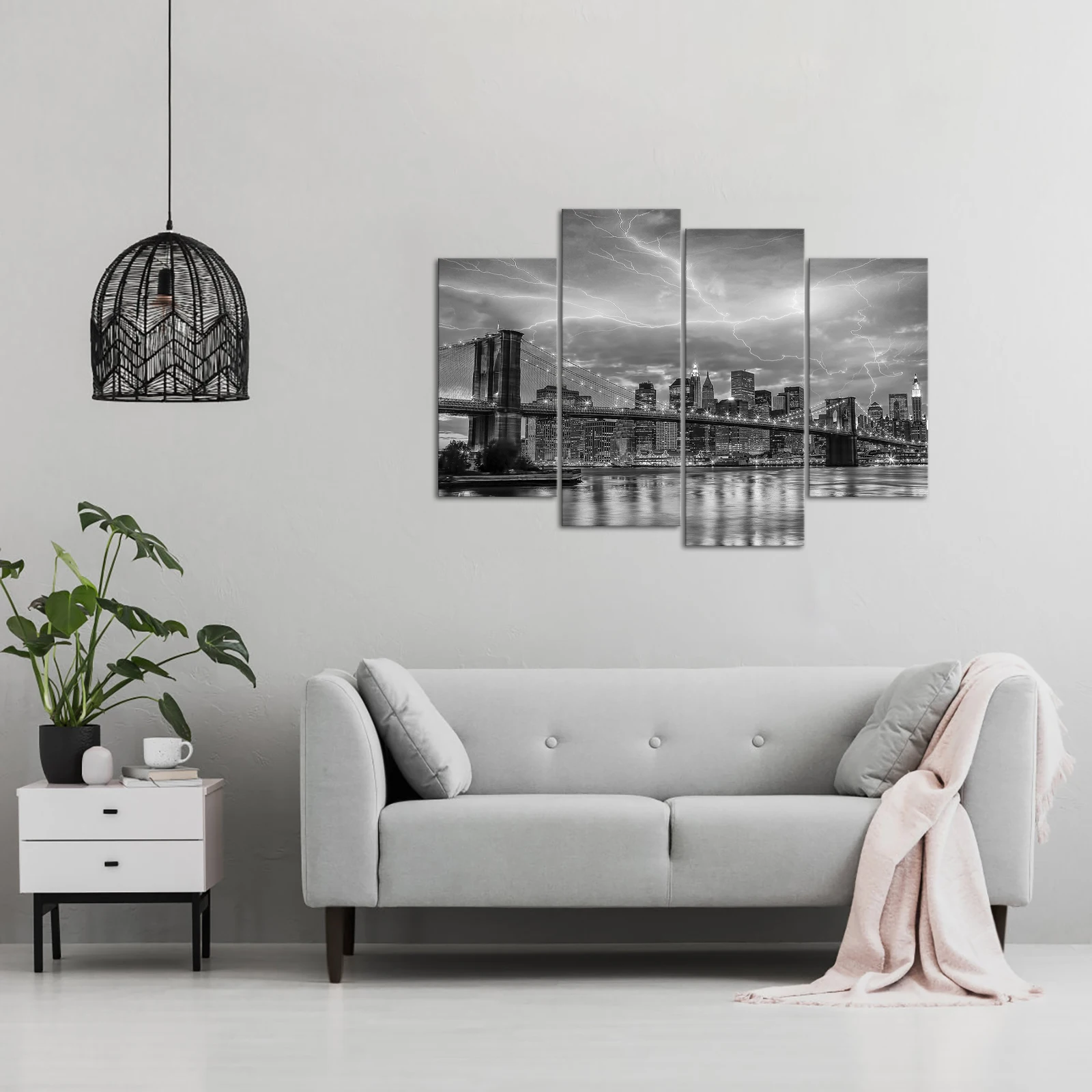 4 Pieces Thunder Over City Wall Art Posters Black and White Print Canvas Painting Modern Style Picture Living Room Home Decor