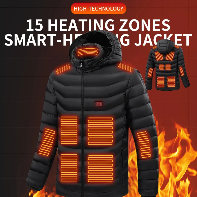 Zone 15 New Men Winter Warm USB Heating Jackets Smart Thermostat Pure Color Hooded Heated Clothing Waterproof Warm Jackets