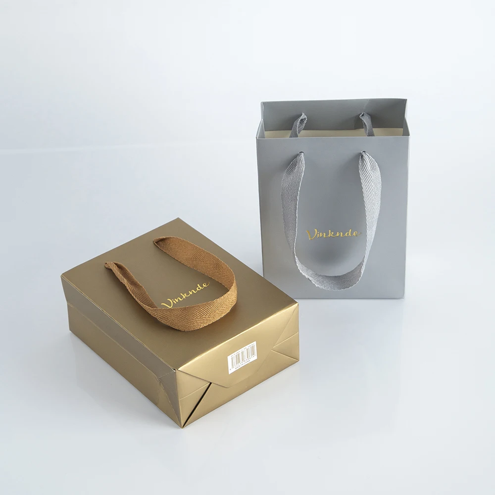 100pcs personalized Paper Tote Bags With Ribbon Cardboard Jewelry Gift Packaging Pouch Chic Small Wedding Ring Shopping Gift Bag