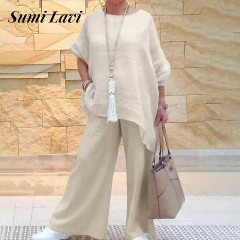 

Casual Ladies Cotton Linen Two Piece Set Summer O Neck Short Sleeve Tops Long Pants Outfit Women Solid Irregular Set Streetwear