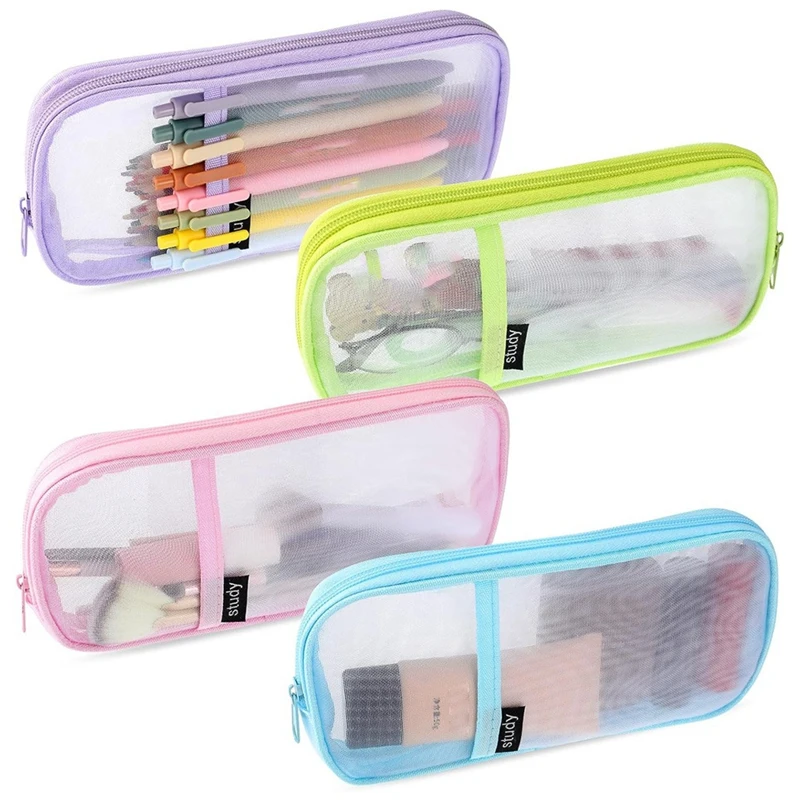 

4 Pcs Grid Mesh Pencil Case With Zipper Clear Pencil Pouch Visible Pen Bag Multi-Purpose Transparent Makeup Bag