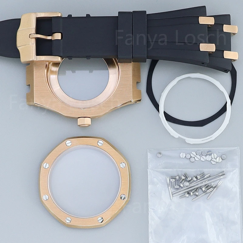 Часы из розового золота 41 мм восьмиугольные резиновые браслеты сапфировые