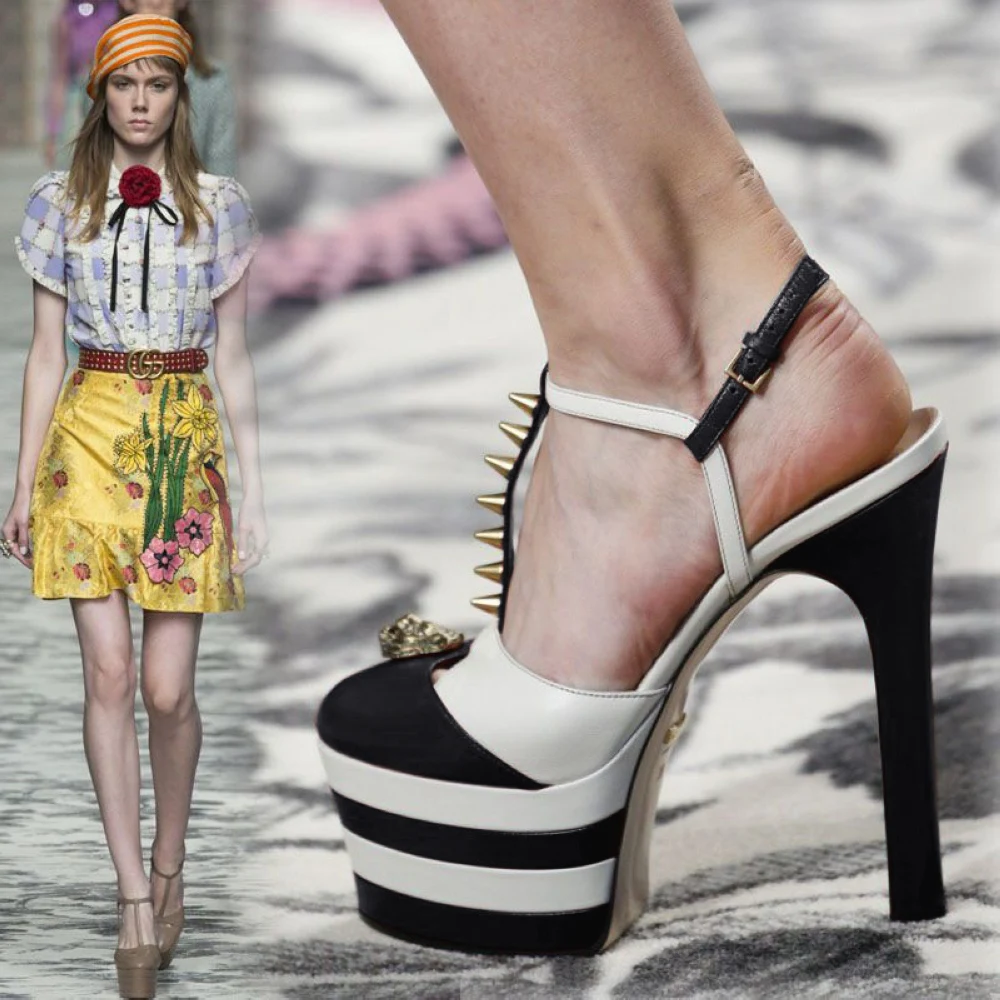 

Women Chunky High Heel T Strap Rivet Sandal Sexy Round Toe Evening Party Striped Shoe Platform Popular Summer Lady Sandal D-SL-2