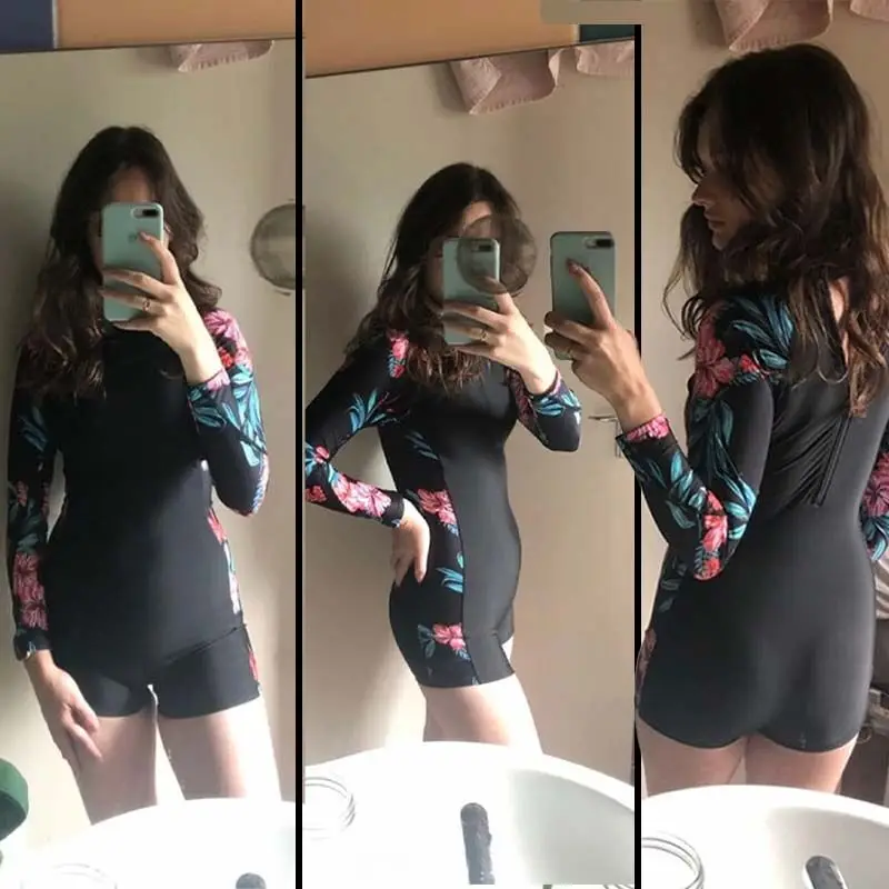 One Piece Swimsuit Women 2023 New Floral Print Surfing Suit Long Sleeve Swimwear Female Monokini Bodysuit Beachwear Bathing Suit
