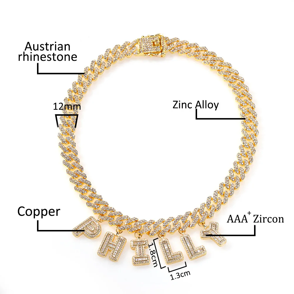 A-Z Custom Name Letters Pendant Necklaces Bracelets 12mm Cuban Link Chain Bracelet Real Gold Plated