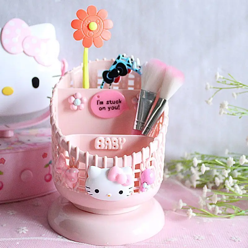 

Kawaii Sanriod Anime Kitty Mymelody Imitation Rattan Desktop Divided Pen Holder Cosmetic Holder Storage Box Gift for Girlfriend