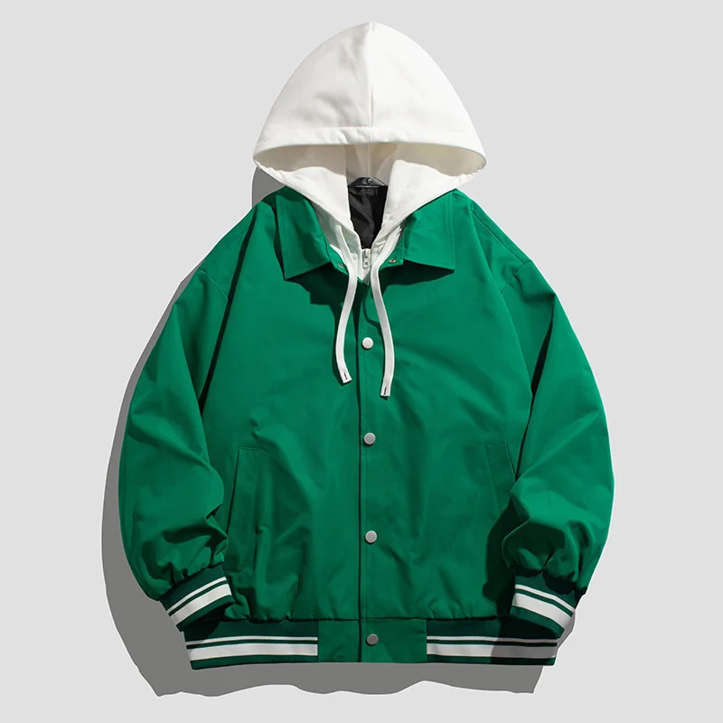 

Men Fashion Hooded Bomber Jackets Minimal Solid Color Baseball Jacket Male Single Breasted Streetwear Windbreaker Coat Spring