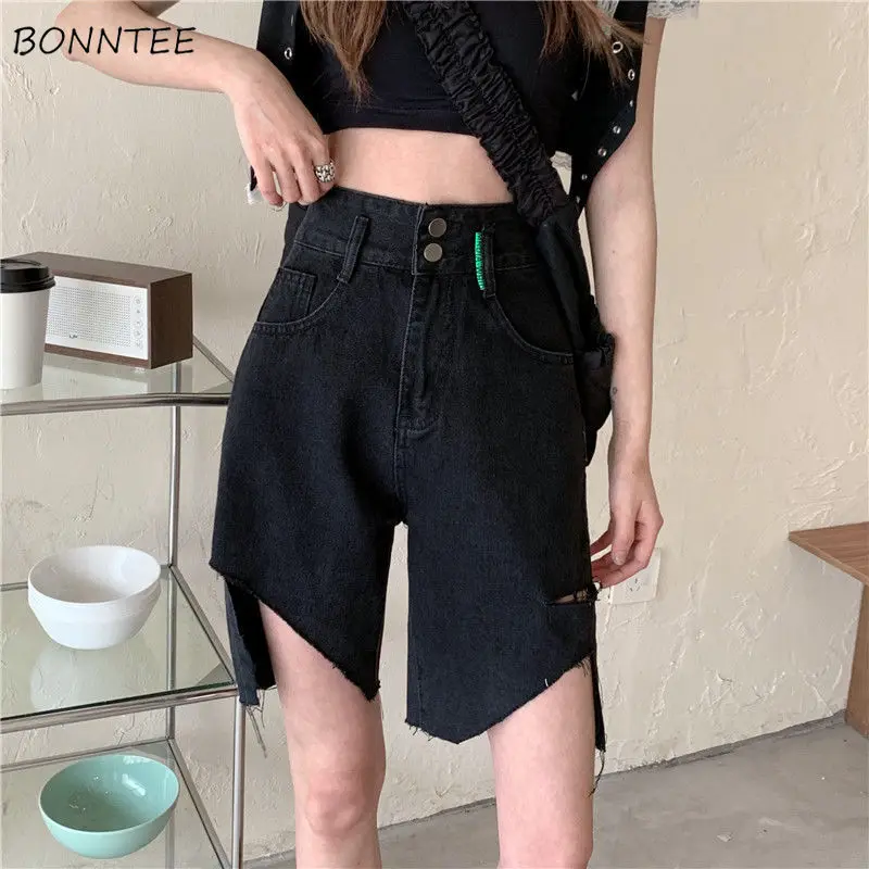 

Shorts Women Hole Irregular Design Summer BF Style High Street Daily Mujer Feminine Vintage Washed Simple Pure Color Straight