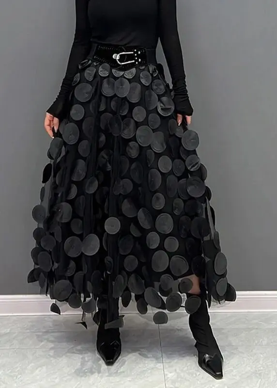 

Polka Dot Skirt Women Loose Big Hem A-line Skirt Elastic Waist Mesh Long Skirt Womans Black Skirt Double Layered Pleated Skirt
