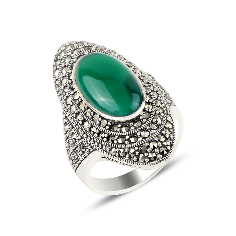 

Серебряное 925 пробы зеленое кольцо из агата и марказита