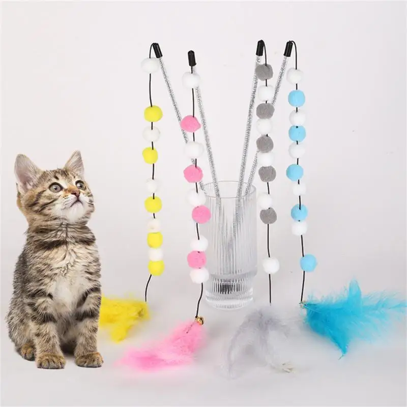 

Durable Pompom Cat Toys Non-toxic Hair Ball String Plush Ball Contrast Playing Stick Cat Supplies Delicate Teasing Cats Toy