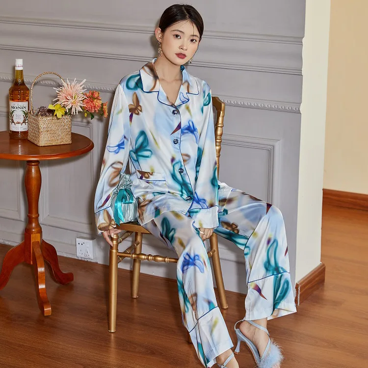 2022 Haiji Sunrise Premium Ice Silk Two-piece Pajamas Women's Suit  silk sleepwear set  pijamas women
