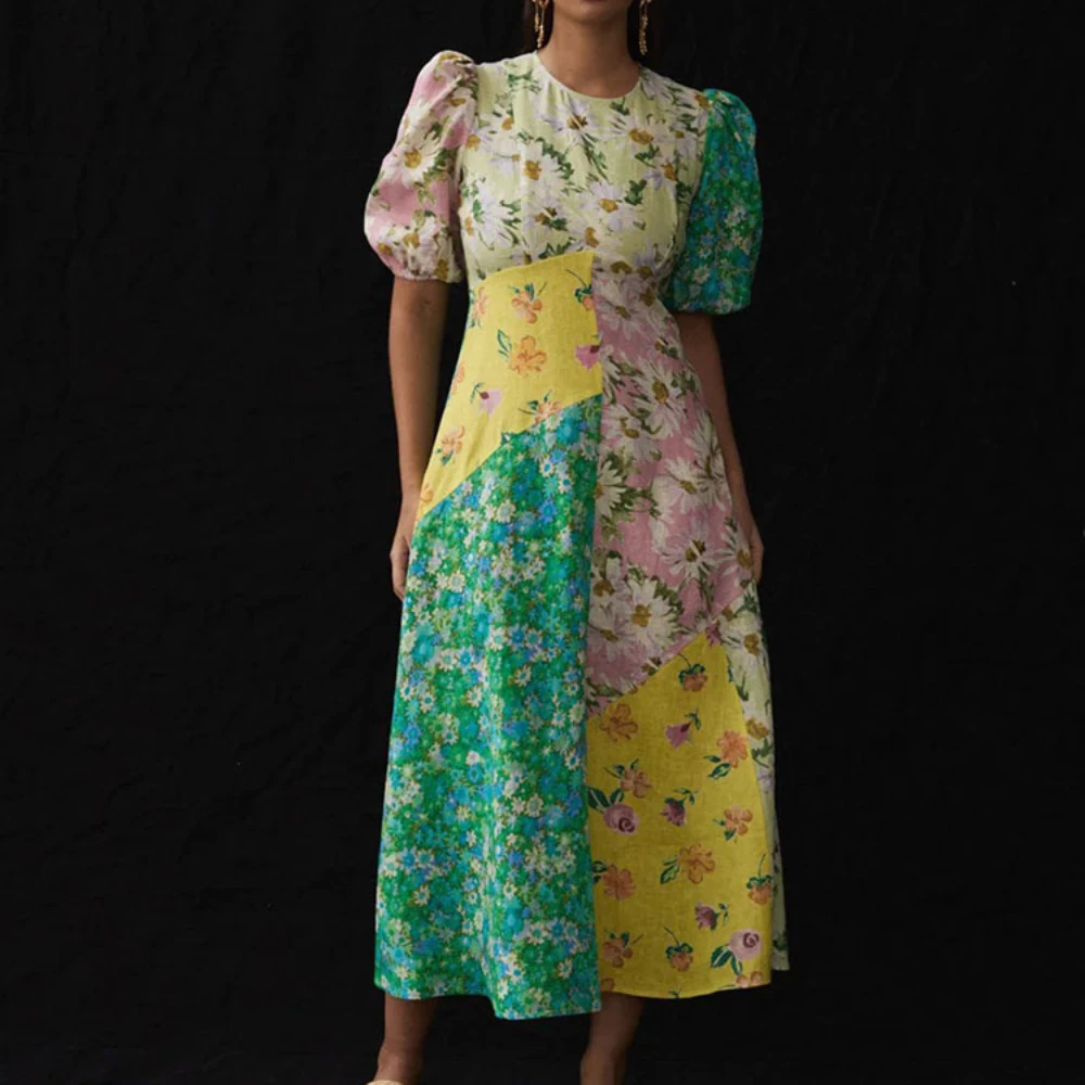 

Alem@ais* Spring/Summer Vintage Casual Linen Printed Bubble Sleeve Round Neck Short Sleeve Slim Skirt Dress for Women