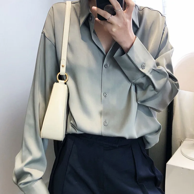 

Kio New Chic Women Satin Shirts Long Sleeve Solid Turn Down Collar Elegant Office Ladies Workwear Blouses Female