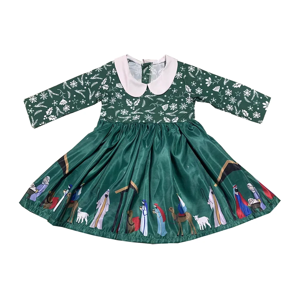 

Girls Fall Winter Christmas woven Dress Twirl dress Long Sleeve Green Snowflake Fabric Dress