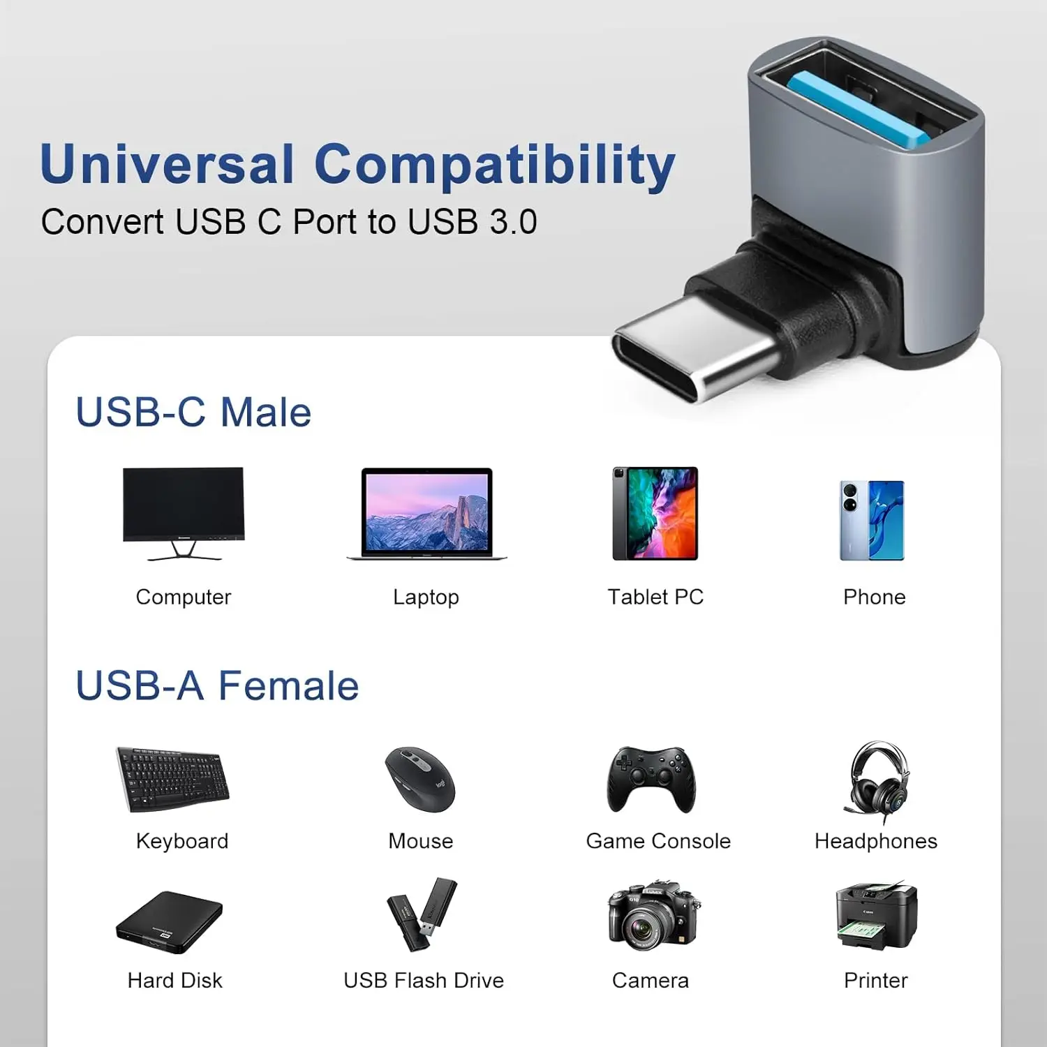 Фото 90-градусный адаптер USB C к USB 3.1 OTG, прямоугольный адаптер типа C к USB, передача данных 10 Гбит/с для смартфонов, планшетов, ноутбуков №2