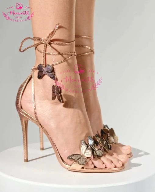 

New Butterfly Woman Fashion Sandals Shoes Summer Green Red Gold Black Thin Heel Lace-up High Heels Sandals Lady Banquet Shoes