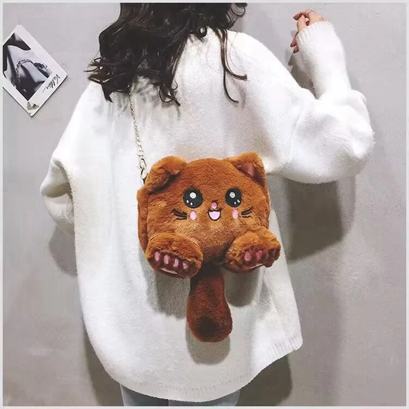 Cartoon Student Chain Crossbody Bag Girl Cute Animal Cat Plush Shoulder Bag Fashion  Mobile Phone Bag Female Purse