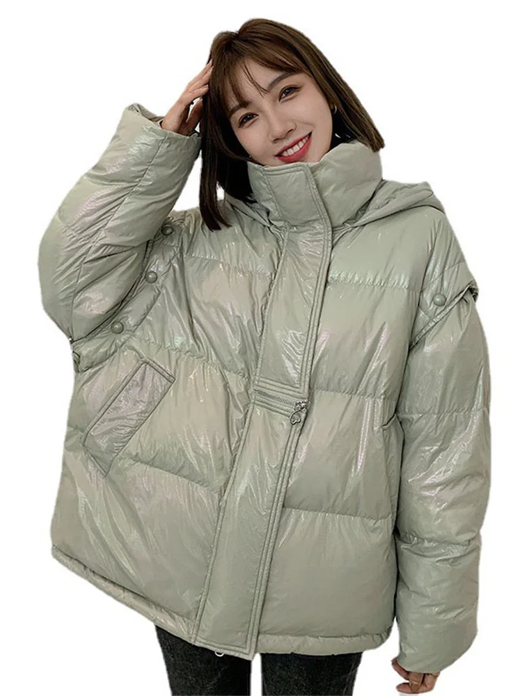Short Down Coat Women Detachable Sleeve Bean Green Hooded Parkas 2022 Winter New Korean Fashion White Duck Down Jackets Feminina