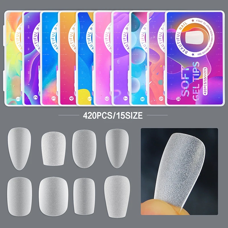 

420Pcs/Box Frosted Full Cover Sculpted Nail Tips Clear Short Round Square Almond Fake Nail Extra Short Fake Nails Art Supplies