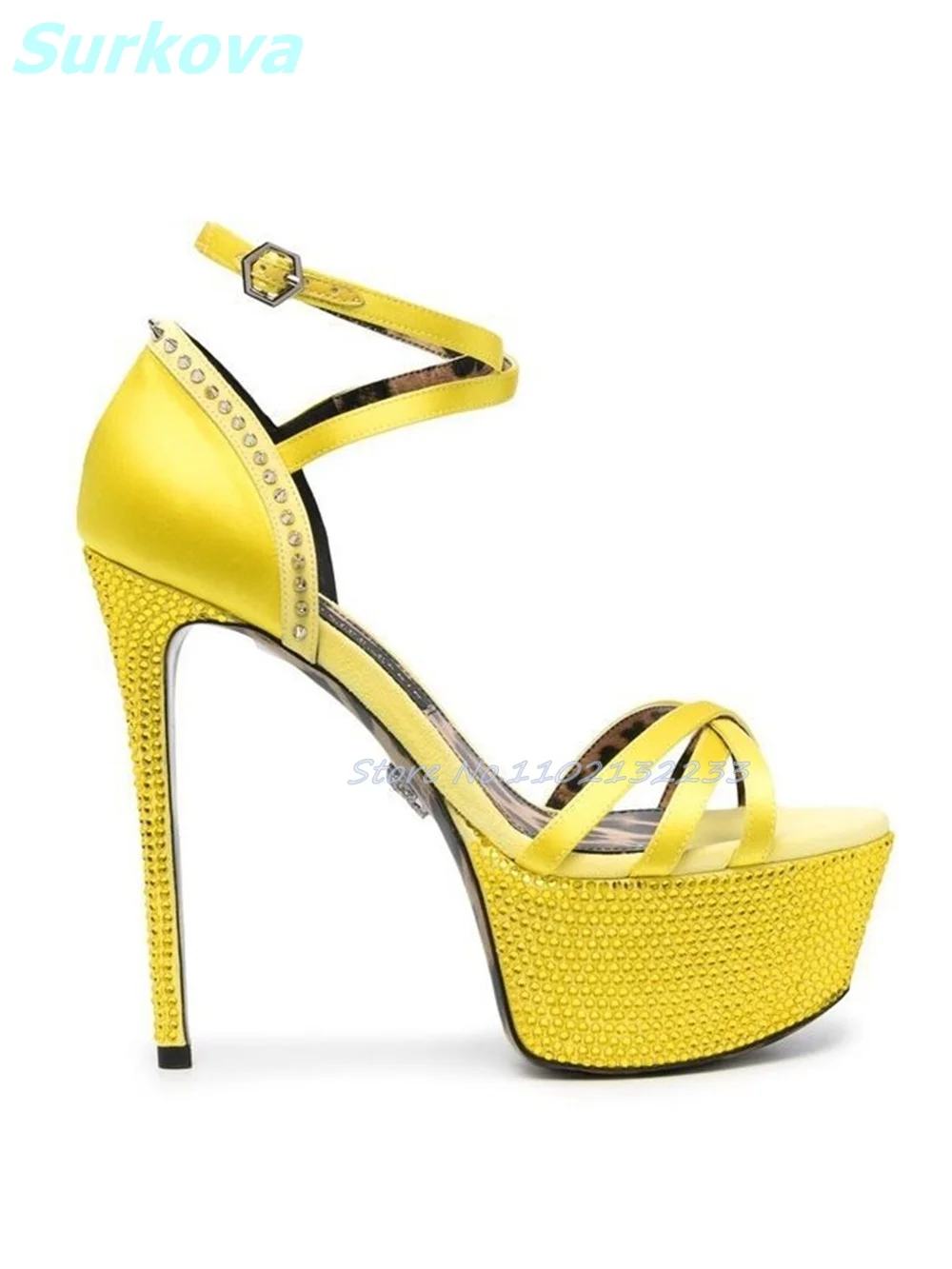 Rhinestone Platform Sandals Round Toe Thin High Heels Cover Heel Buckle Purple Stilettos Fashion Sexy Summer Women Shoes Party