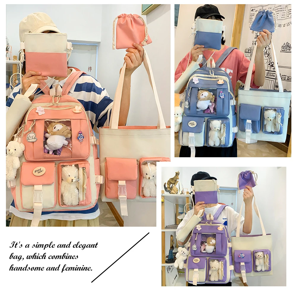 

5pcs/Set Students Backpack Large Capacity Simple Rucksack with Pendant Canvas Patchwork Handbag Teenagers Shoulder School Bag