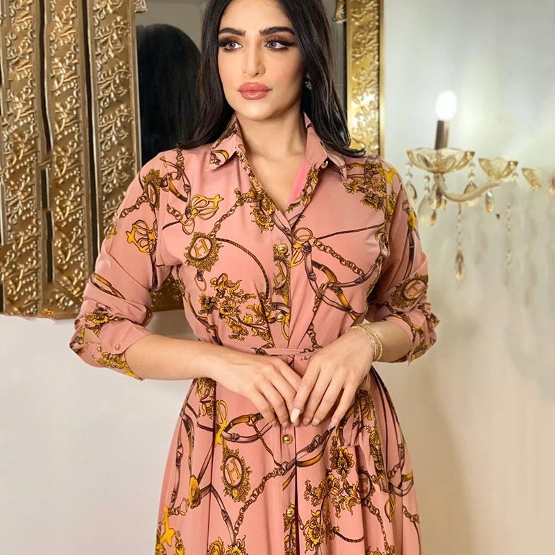 Long Dresses For Muslim Women 2022 Print Turn-down Collar Button Moroccan Arabic Islamic Dubai Ramadan Eid Mubarak Dress Abaya