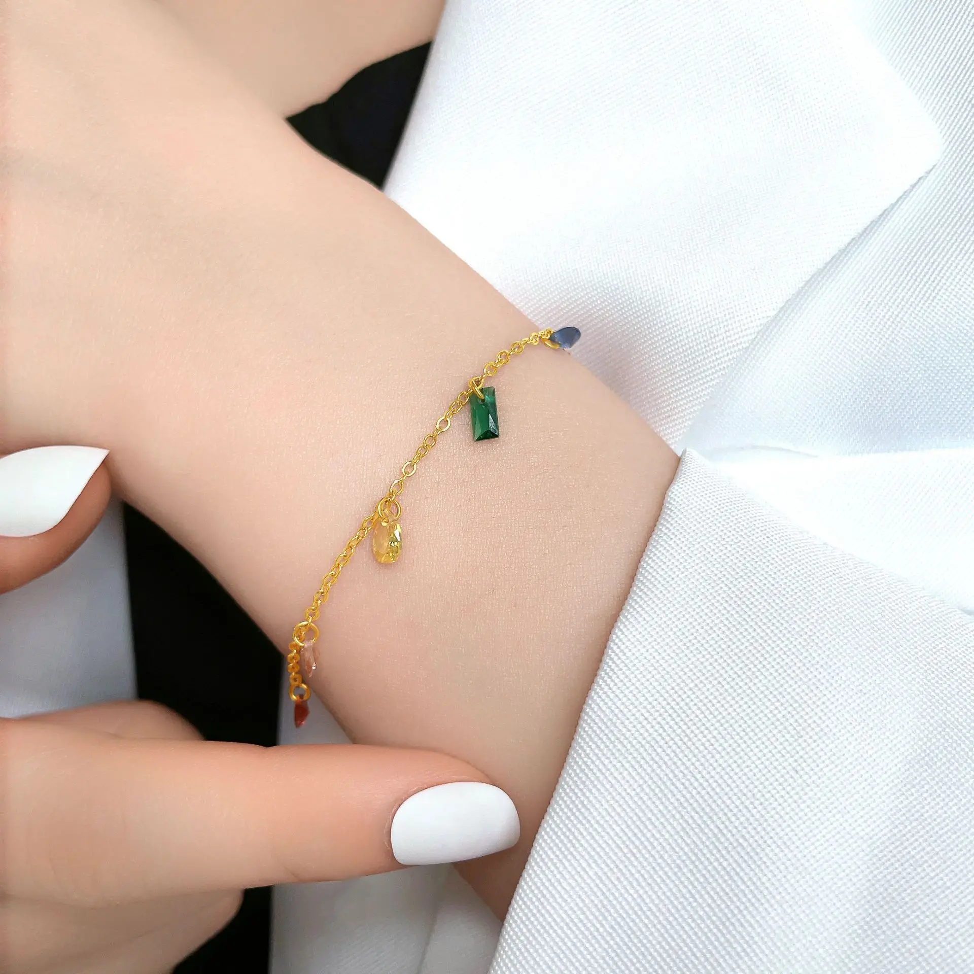 

Seven Color Rainbow Zircon Bracelet Plated 18k Gold Titanium Steel Jewelry