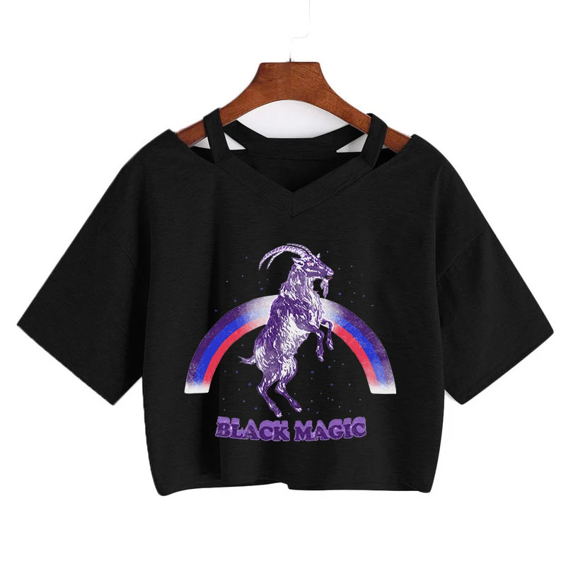 Женский укороченный топ с коротким рукавом черный в стиле панк-рок V-образным