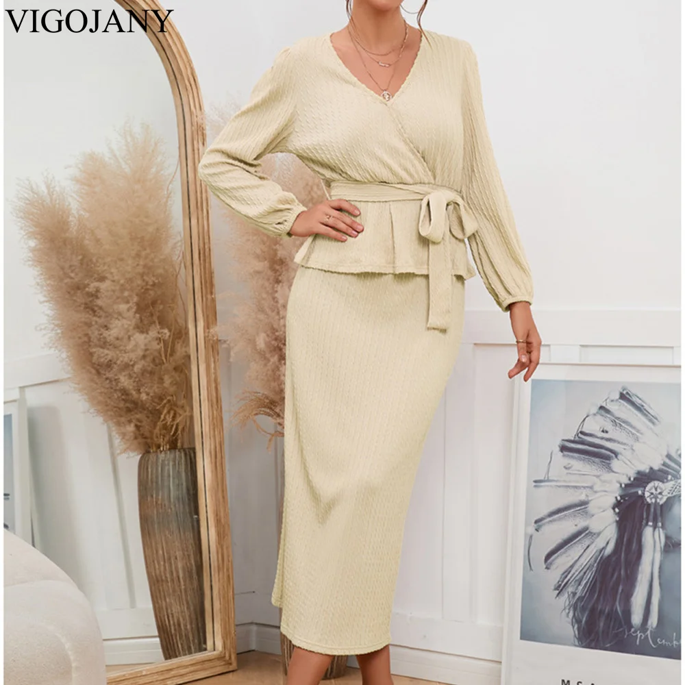 VigoJany 2022 Autumn Winter Women Vintage Beige Knit Suit Long Sleeve V Neck Tops Knitted Madi Skirt Ladies Slim Fit Sweater Set
