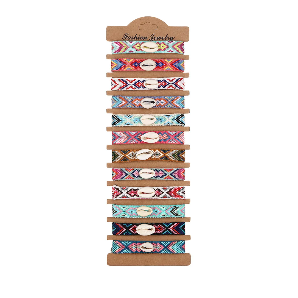 

12pcs Woven Friendship Bracelet Women Girl 2022 New Fashion Cowrie Seashell Aztec Summer Beach String Wholesale Jewelry Present