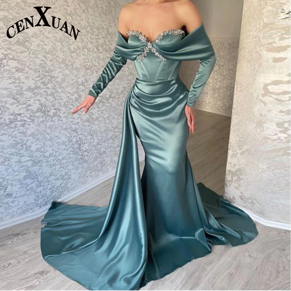 

Trumpet Sweetheart Neck Long Sleeves Rhinestones Evening Gowns For Women Fashionable Vestido De Fiesta Satin Made To Order