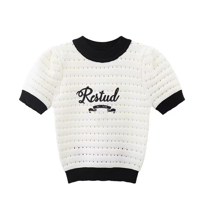 

New 2023 Summer Vintage Hollow Out Letter Puff Short Sleeve Sweater Women Pullover Knitted T-Shirt Korean O-Neck Jumper Crop Top