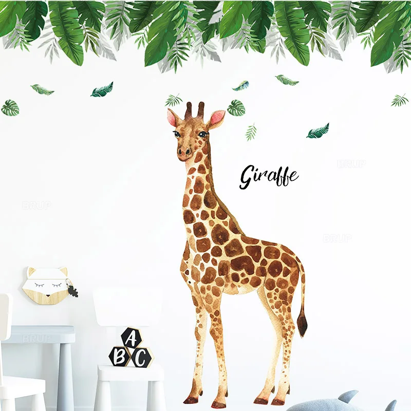 Hand Draw Painted 150cm Tall Large Giraffe Green Leaves Wall Stickers for Living Room Bedroom Murals Home Decor Removable Decals |