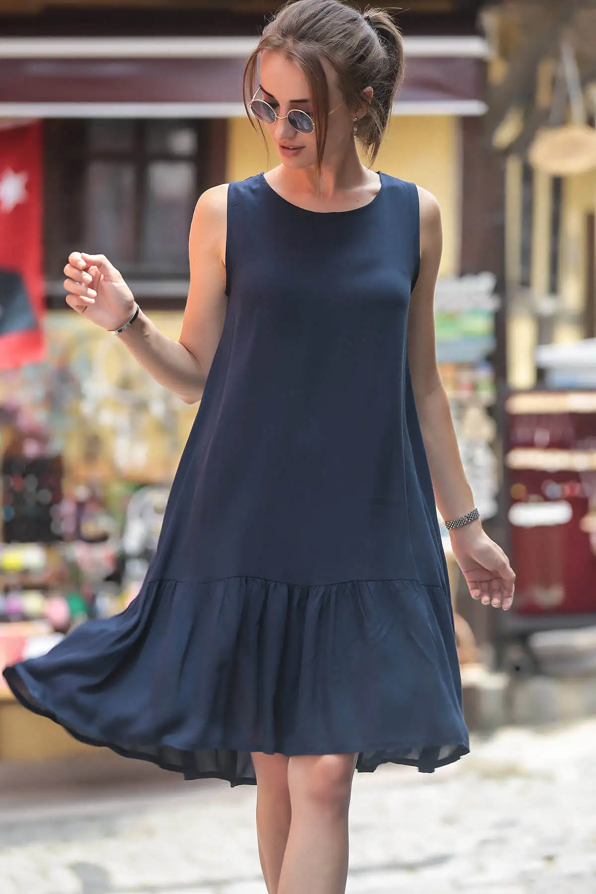 

Women's Navy Blue, Sleeveless, Skirt Frilly, Collarless Dress, for Daily and Special Moments, Casual, convenient, Holiday, Summer Modern Cut,