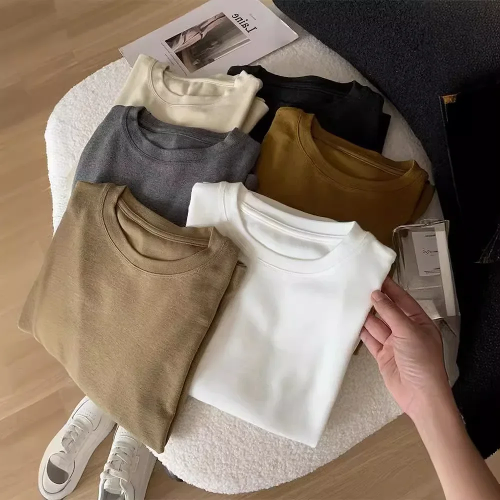 Женский свободный пуловер с круглым вырезом футболка длинным рукавом базовая