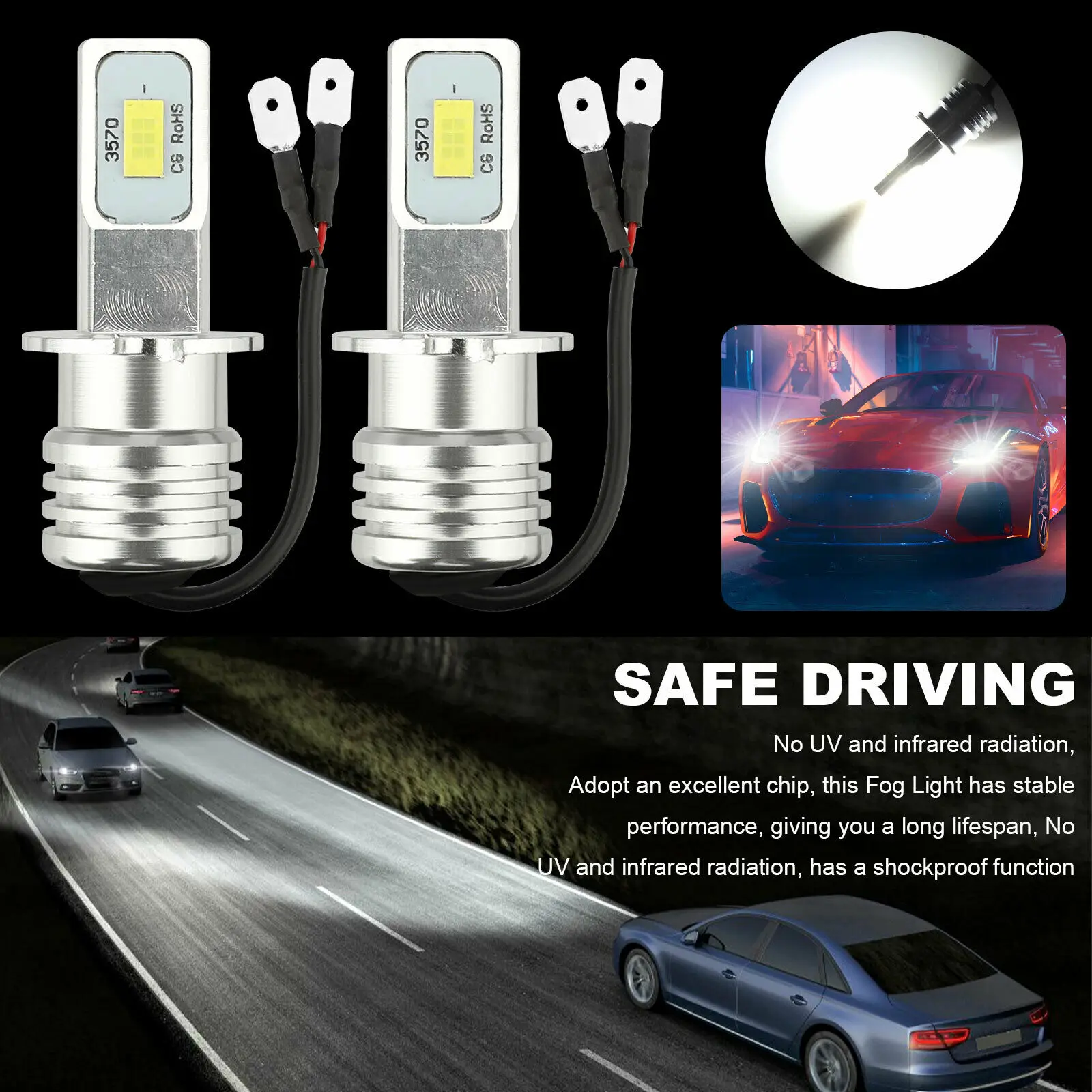 2Pcs H3 Led Car Fog Light Bulbs DRL H1 H8 H9 H11 9005 9006 9012 H4 H7 Auto Lamp 6000K 6500K 80W 12V 24V 3750 Chips Headlight images - 6