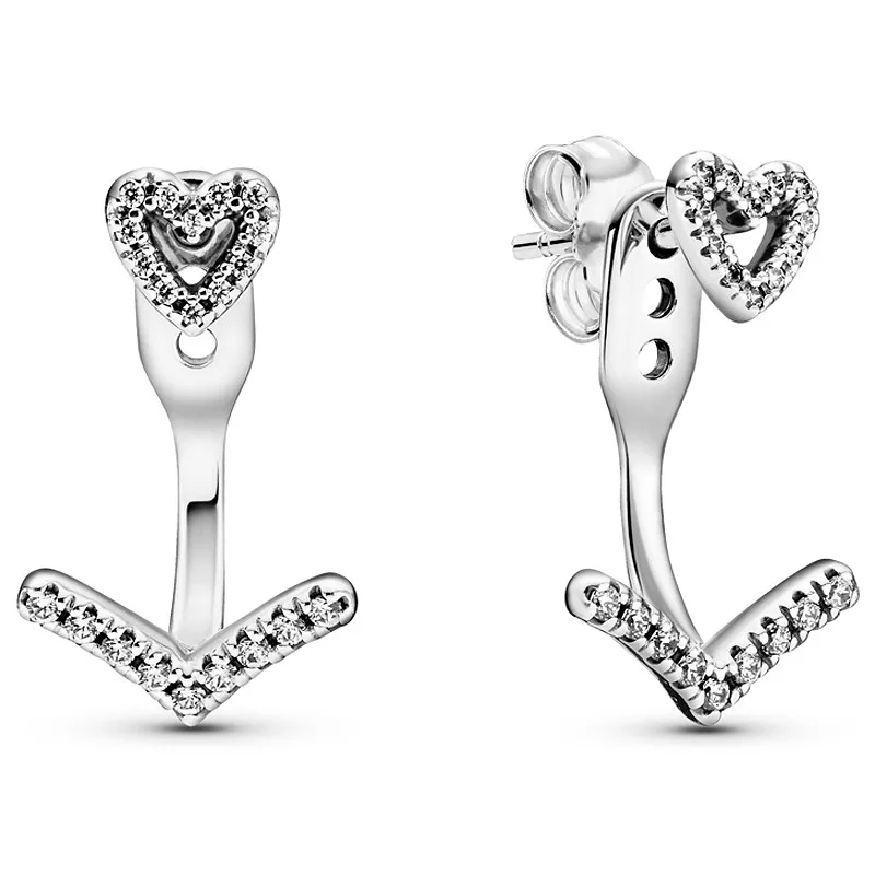 

Authentic 925 Sterling Silver Sparkling Wishbone Heart With Crystal Stud Earrings For Women Wedding Gift Fashion Jewelry
