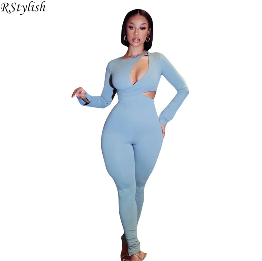 

RStylish Cut Out High Waist Skinny Jumpsuit Women Long Sleeve Romper 2022 Autumn Playsuits Bodycon Overalls Sexy Party Jumpsuits