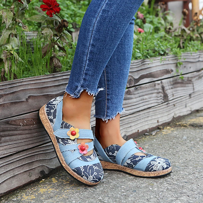 

Vintage Floral Genuine Leather Splicing Colored Stitching Hook Loop Flat Shoes Spring Summer Casual Women Flat Shoes New