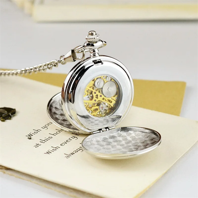 Luxury Mechanical Dual Two SideOpen Pocket Watch for Men Women Skeleton Roman Numeral Fob Chain Pendant Clock for Collection