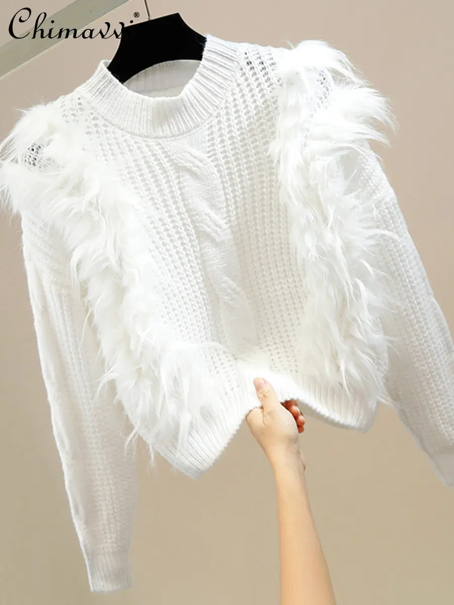 

Fashion 3D Plush Decoration Round Neck Pullover Short Cable-Knit Sweater Women's Winter Loose All-Matching Graceful Knitted Top