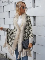 women winter warm fur collar long cardigan knitted tassel sweater jacket elegant batwing sleeve capes fashion houndstooth coat