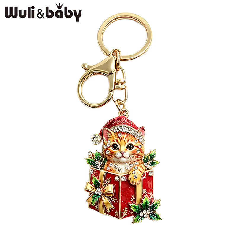 Фото Wuli&baby милый рождественский брелок для ключей в подарочной коробке с изображением кошки для женщин и мужчин, 2 цвета, новогодние подвески для ключей, модные ювелирные изделия, подарки №1