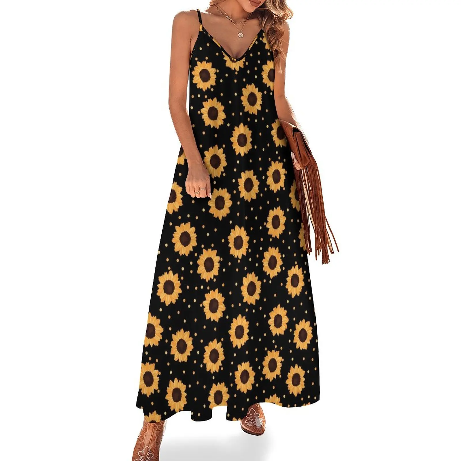 

Sunflower Dress Polka Dots Vintage Maxi Dress Strap Aesthetic Bohemia Long Dresses Summer V Neck Oversized Vestidos