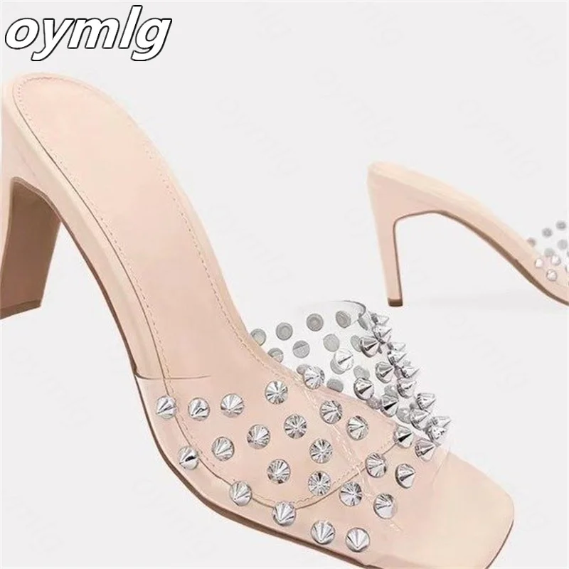 

2022 Ladies Large Size Transparent PVC Square Head Stiletto Heel Sandals and Slippers Silver Nail Fashion Muller Drag